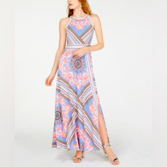 INC Blue Pink Floral Print with Black Trim Accent Halter T-Back Maxi Dress PP - Picture 1 of 14
